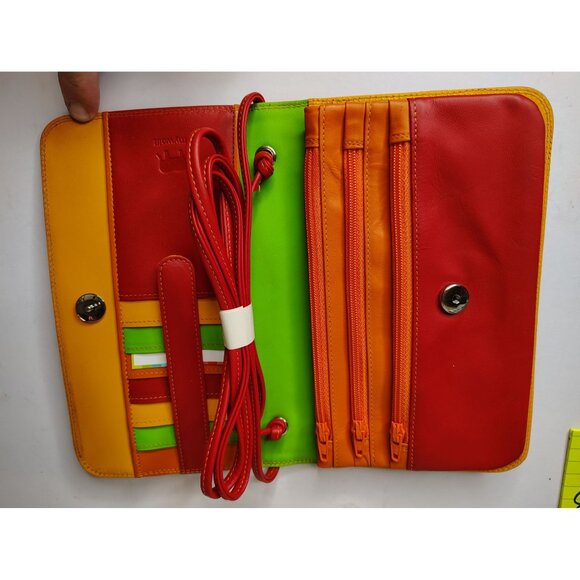 Mywalit Crossbody Purse Organizer Red Orange Green, Multi Zip Snap Close Leather - Picture 1 of 4